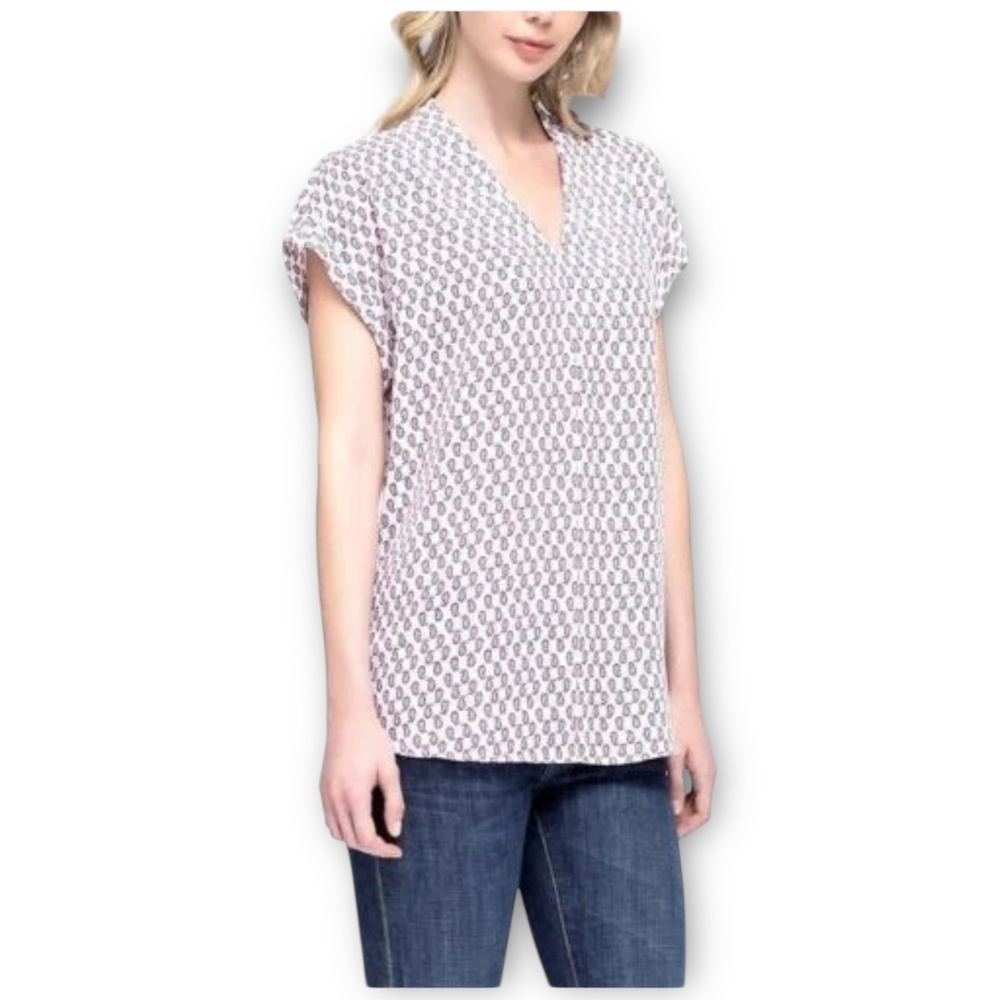 NWT Pleione Dotted Balloon Blouse XXL Ivory Navy Coral V-Neck‎ Short Sleeve Top